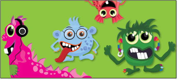 Four silly cartoon monsters