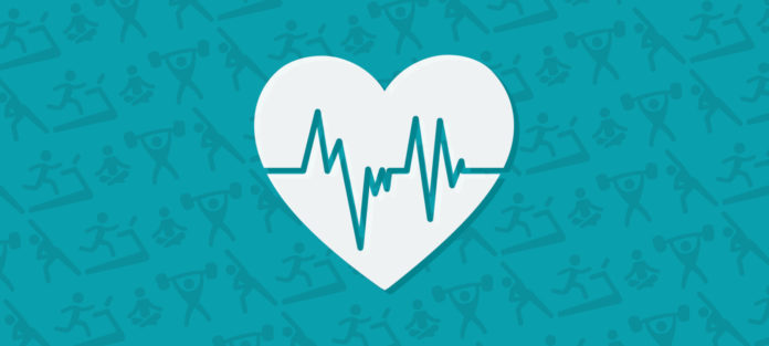 Fitness themed graphic with heart icon in foreground