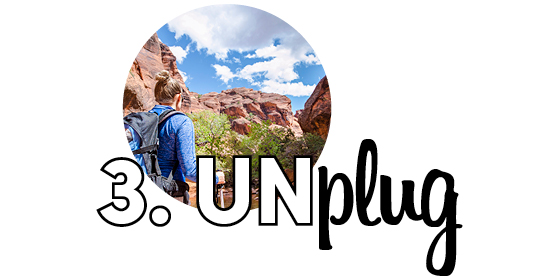 "3. Unplug" text with an image of a hiker in a scenic canyon under a blue sky.