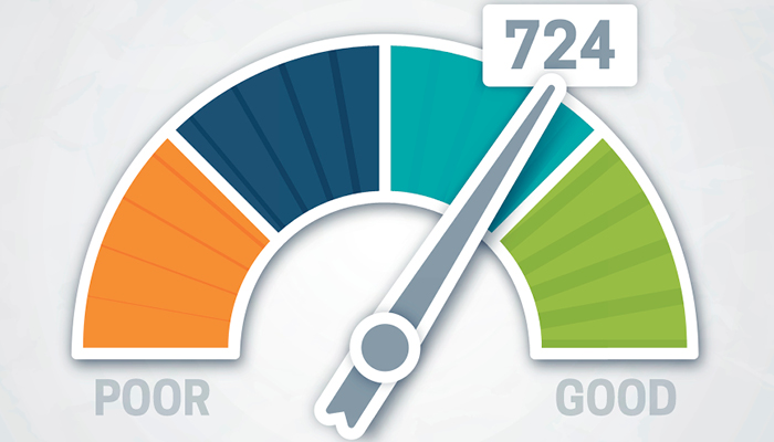 Credit score gauge set between poor and good at 724