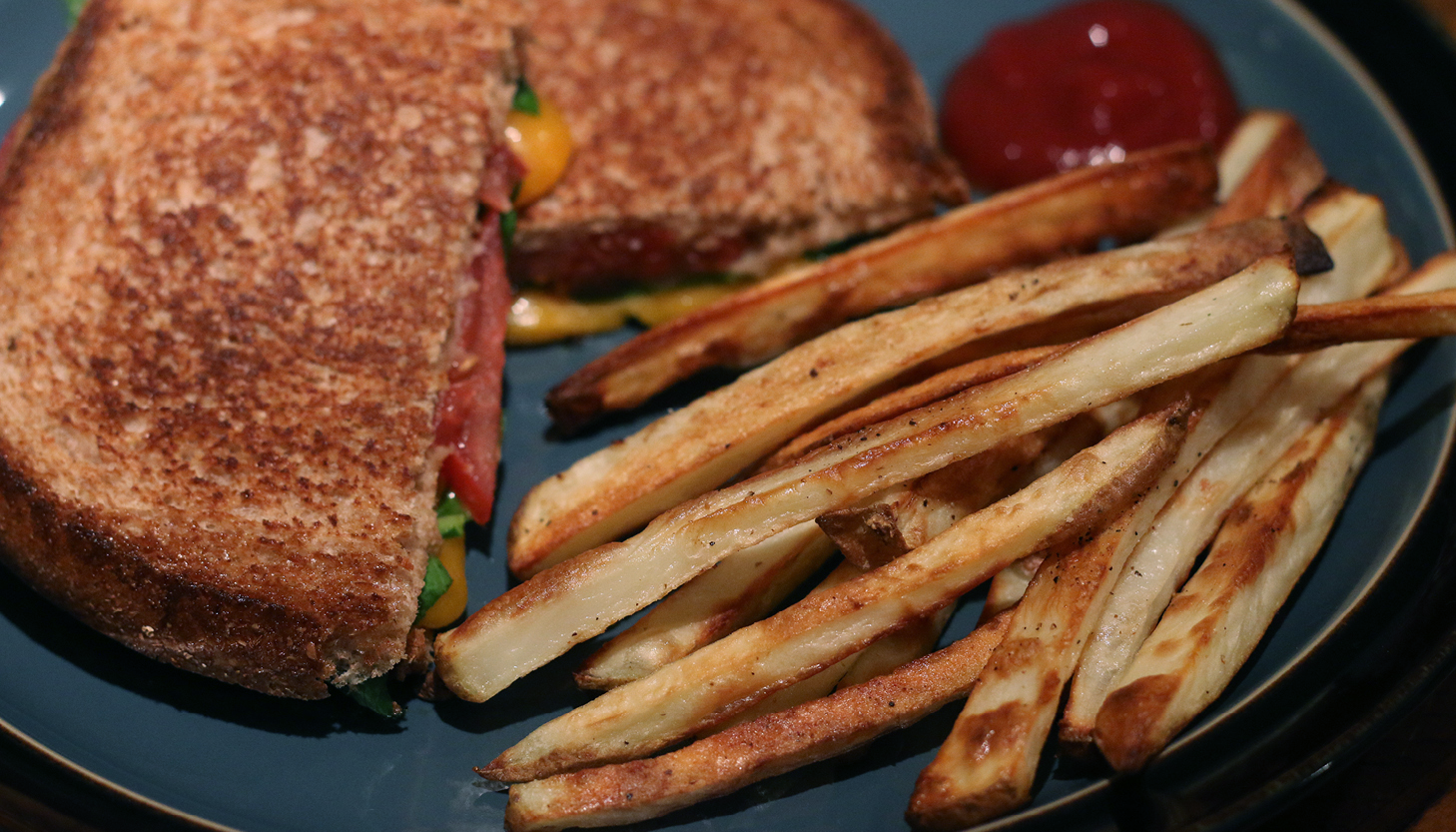 Close up of finished grilled cheese and fries | healthy grilled cheese recipe