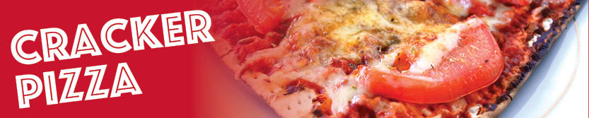 Banner featuring a cracker pizza with tomato and cheese, labeled "Cracker Pizza" in bold text