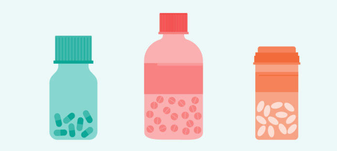 Illustration of colored pill bottles