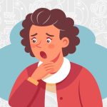 Ask the doc: “How do I know if I have mono?” Cartoon-style person clutching their throat with a worried expression, set against a background with microscopic germs and lab tools.