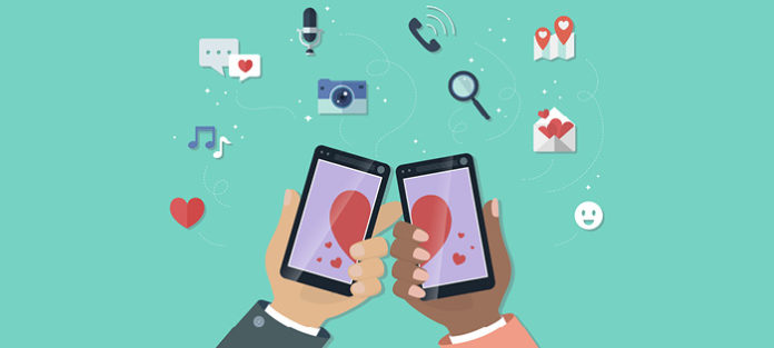 Online dating illustration with mobile devices