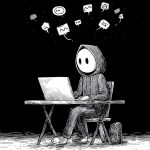 Cartoon hooded figure types on a laptop as worried message icons float overhead.