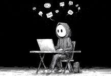 Impostor syndrome 101: How to silence self-doubt and own your success Cartoon hooded figure types on a laptop as worried message icons float overhead.