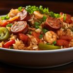 Bowl of Cajun-style rice with vegan sausage, shrimp, and vegetables.