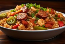 UCookbook: Easy Cajun-style red beans and rice with vegan sausage Bowl of Cajun-style rice with vegan sausage, shrimp, and vegetables.