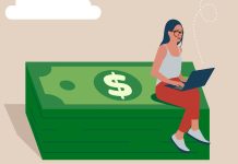 illustration of woman sitting on stack of money, working on laptop | how to start a side gig