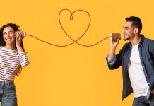 How to communicate wants and boundaries in any intimate moment Two people using string phones forming heart, representing communication and connection.