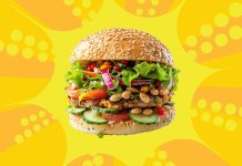 UCookbook: Beans and greens burger Colorful stacked veggie burger on a bold yellow background with playful graphic accents.