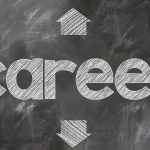 Word ‘career’ written in chalk on a blackboard with arrows pointing in multiple directions, symbolizing career paths.