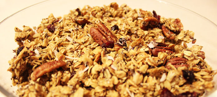 Closeup of freshly toasted granola