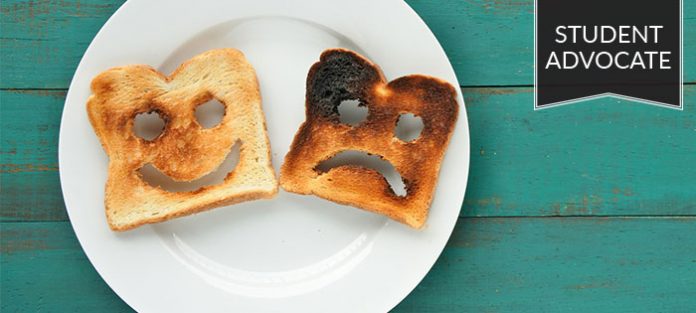 Student advocate: two pieces of toast on plate, one is burnt