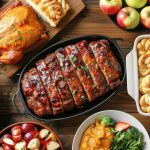 Table filled with holiday dishes including roasted meats, pies, rolls, and colorful side dishes.