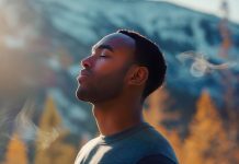 A powerful guided meditation to release stress Man breathing calmly outdoors, representing mindfulness, meditation, and stress relief.