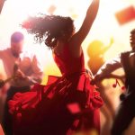 People dancing joyfully in vibrant lighting with musical notes and confetti in the air, capturing a festive celebration.