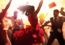 Hosting or attending? How to make social events welcoming for everyone People dancing joyfully in vibrant lighting with musical notes and confetti in the air, capturing a festive celebration.