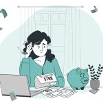 Cartoon woman stressed over bills at a laptop, surrounded by floating money illustrations.