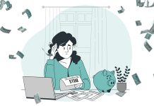 7 Steps to take the stress out of budgeting Cartoon woman stressed over bills at a laptop, surrounded by floating money illustrations.