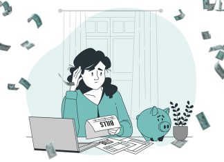 7 Steps to take the stress out of budgeting Cartoon woman stressed over bills at a laptop, surrounded by floating money illustrations.