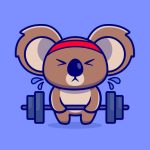 Cartoon koala wearing a headband struggling to lift a barbell on a purple background.