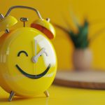 Yellow smiling alarm clock symbolizing better sleep and positive mornings