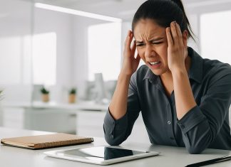 Ask the doc: “I get sick often. What are the signs that I should go to the doctor?” Frustrated woman holds her head at an office desk, overwhelmed by work and screens.