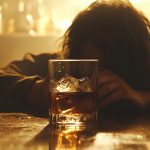 Person slumps at bar with glass of alcohol, conveying isolation, emotional distress, and problematic drinking behavior.