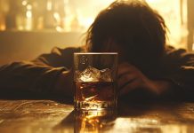 Is your drinking a concern? How to recognize the signs Person slumps at bar with glass of alcohol, conveying isolation, emotional distress, and problematic drinking behavior.