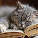Ask the doc: Fluffy gray cat peacefully naps on an open book, symbolizing calm and rest.