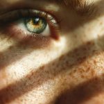 Close-up of a freckled face with bright green eye and sunlight casting striped shadows.
