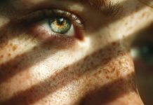Close-up of a freckled face with bright green eye and sunlight casting striped shadows.