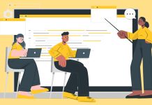 Ask the professor: “Who can I talk to about an unfair professor?” Illustration of a teacher pointing to a screen while students with laptops listen attentively.