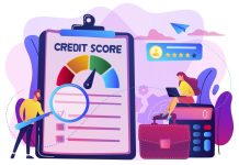 Illustration of people analyzing a clipboard with a colorful credit score meter and checklist.