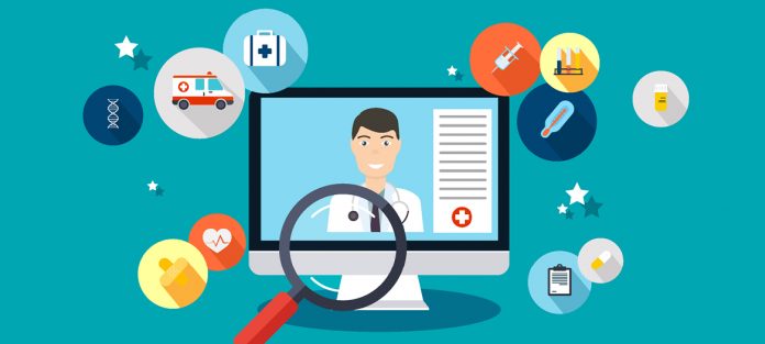 Graphic of computer screen with medical icons