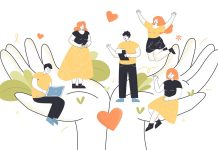 Illustration of large hands holding joyful people engaged in various activities with hearts floating.