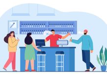 Illustration of people inside a vape shop, interacting with the cashier and vaping indoors.