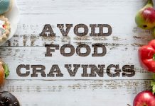 A mix of unhealthy and healthy foods, with text in the center saying "Avoid Food Cravings."